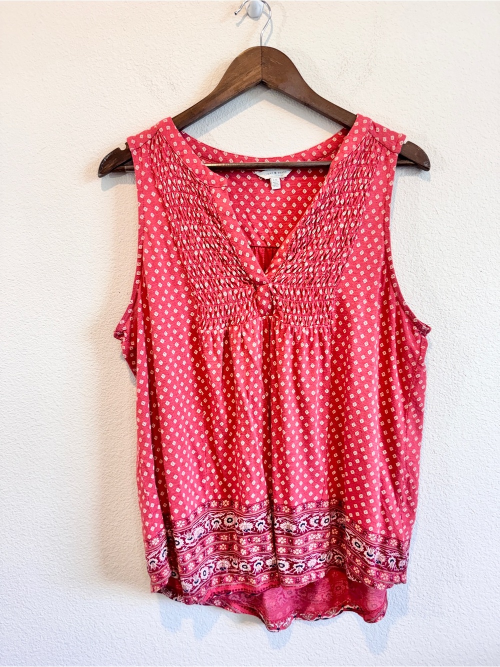Lucky Brand Red Bandana Babydoll Tank Top L Smocked Boho Western Festival K47